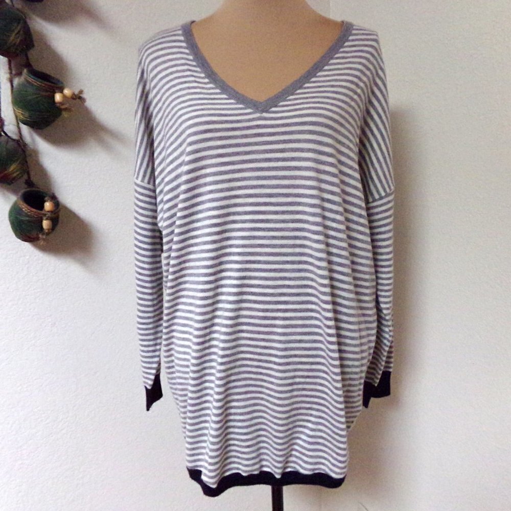 Joie Grey and White Striped V Neck Sweater